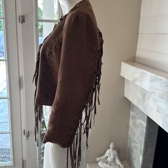 Forever 21 Faux Suede Brow Fringe Cropped Open Boho Jacket Size Large - Picture 3 of 12